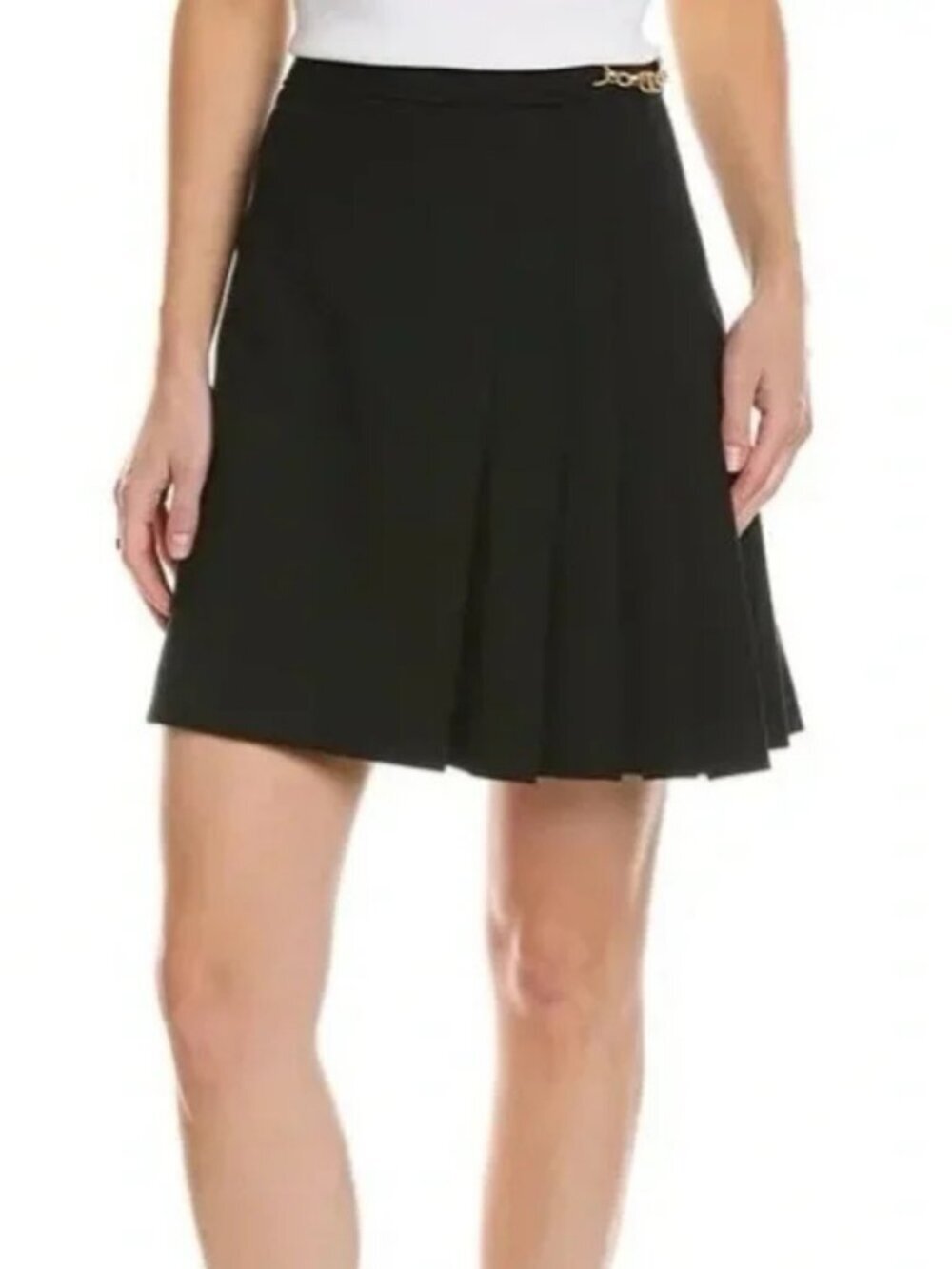 Tory Burch Kayden Pleated Mini Skirt Black Gold Chain Detail Wool NWT Size 0